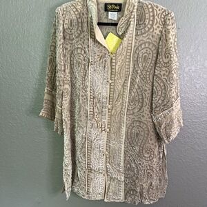 NWT BOB MACKIE Silk Blend Velvet Shirt SZ L Beige Wearable Art 3/4 Sleeve Tunic